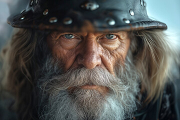 A close-up portrait of a seasoned biker, exuding toughness and experience, as he looks idirectly at the camera.