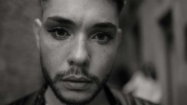 Gay transgender or nonbinary person wearing makeup. LGBTQ community. Black and white editing