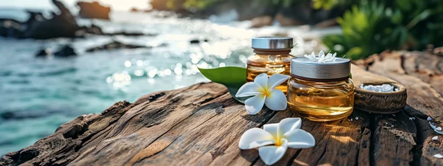 Fotobehang spa skin care product on wooden table with flower © Артур Комис