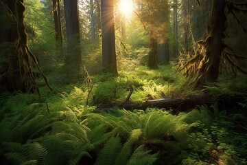 Morning sun illuminates tranquil forest, exuding serenity. Generative AI