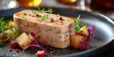 Terrine de Foie Gras Brilliance: French Duck Liver Delight. Immerse in the Culinary Symphony of Richness. Capture the Visual Feast in a Luxurious Setting with Soft Lighting