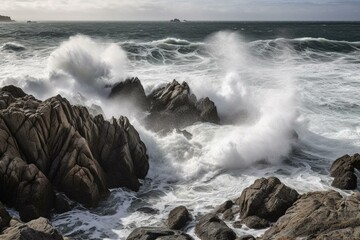Rough sea with waves breaking on rocks. Generative AI