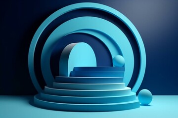 Abstract geometric stage for showcasing products against a blue background in a 3D rendered illustration. Generative AI