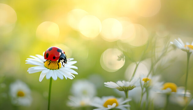 bug ladybug on the white chamomile flower summer day light on bl