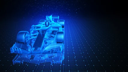 Foto op Plexiglas 3D Wireframe Illustration of Formula One Car With Orange Blue Background © Faizul