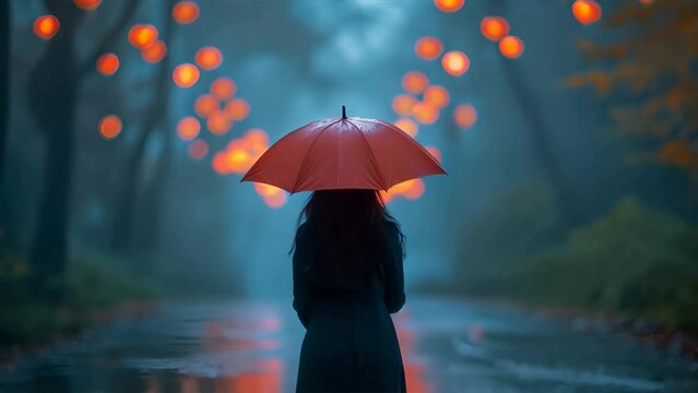 person holding red umbrella and standing in the rain in the autumn park with red lights in the distance. 