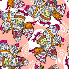 Obraz na płótnie Canvas Tasty sweet cupcake dessert decorative seamless vector pattern for textile design, fabric print, digital or wrapping, wall paper, background and backdrop, bakery shop decoration, cafe, restaurant menu