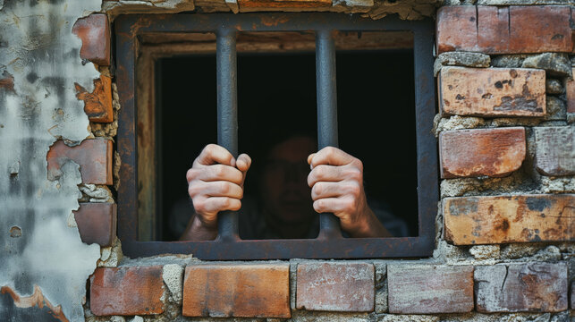 Hands of a prisoner holding the bars of a window in the wall of a prison cell