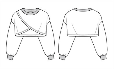 Vector oversize woman sweatshirt fashion CAD, long sleeved crop bolero technical drawing, template, sketch, flat. Fleece or woven fabric wrap sweatshirt with front, back view, white color