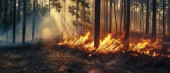 Forest fire with trees on fire.