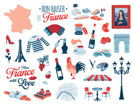 From France with Love. Collection of vector illustrations on a white background. French symbols of food, culture, art, fashion.