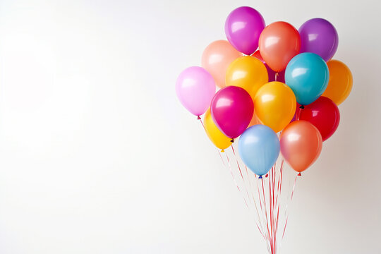Vibrant balloons in various colors tied together against a white background.