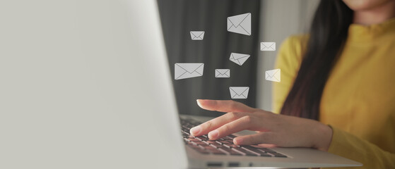 businesswoman checking message box on laptop and send email. email marketing concept, Closeup Woman...