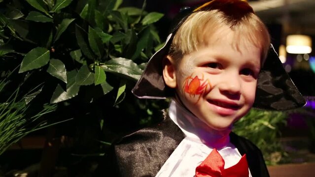 Cute smiling boy in fancy dress with spider painted on cheek