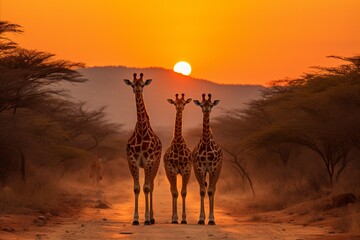 Giraffes silhouetted against the stunning african sunset in the vast, picturesque savannah