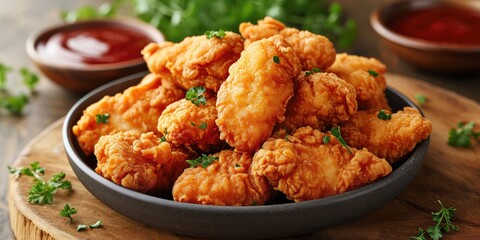 Chicken Fingers Delight: Crispy Culinary Bliss. Dive into the Symphony of Golden Coating and Juicy Chicken. Picture the Culinary Delight in a Casual Setting with Soft Lighting