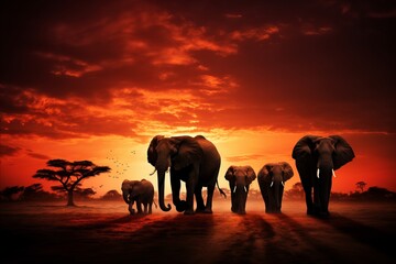 Astonishingly beautiful elephants freely roaming the golden african savannah at sunset