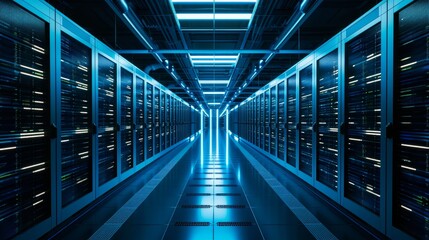 Abstract of modern high tech internet data center room with rows of racks with network and server hardware - obrazy, fototapety, plakaty