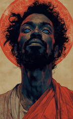 portrait: Black Jesus with red halo and blue eyes