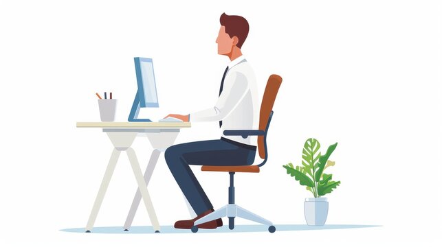 Instruction for correct pose during office work flat vector illustration. Cartoon worker sitting at desk with right posture for healthy back and looking at computer. Health and ergonomics concept