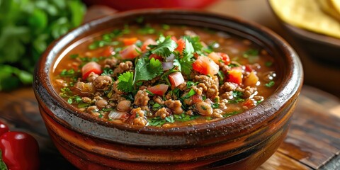 Sopa Tarasca Brilliance: Mexican Culinary Tradition. Immerse in the Symphony of Rich Bean Soup and Layers of Flavor. Picture the Culinary Tradition in a Colorful Mexican Kitchen with Soft Lighting