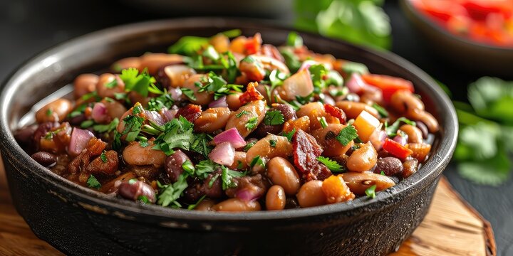 Frijoles Charros Brilliance: Mexican Cowboy Bean Charm. Dive into the Symphony of Hearty Beans, Bacon, and Spices. Picture the Cowboy Bean Charm in a Rustic Mexican Ranch Setting with Soft Lighting