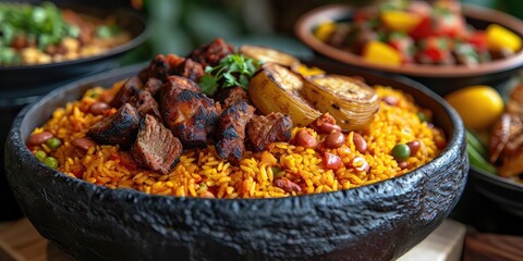 La Bandera Dominicana Brilliance: Dominican Culinary Tradition. Immerse in the Symphony of Rice, Beans, Meat, and Plantains. Picture the Culinary Tradition in a Vibrant Dominican Kitchen with Soft