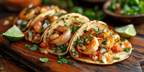 Tacos Gobernador Brilliance: Mexican Culinary Mastery. Immerse in the Symphony of Grilled Shrimp, Cheese, and Salsa. Picture the Culinary Mastery in a Lively Mexican Street Setting with Soft Lighting