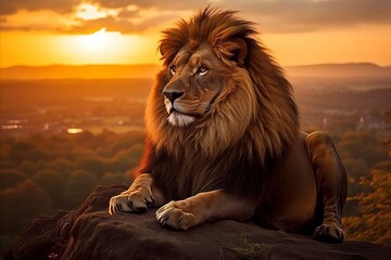 Majestic lion pride resting in african savannah at sunset, wildlife in natural habitat