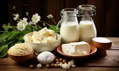 Obraz na płótnie Canvas Fresh dairy products on wooden background. Milk, sour cream, cottage cheese, feta cheese