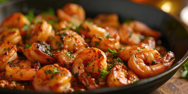 New Orleans BBQ Shrimp Charm: Culinary Jazz Unveiled. Immerse in the Symphony of Spicy Sauce and Succulent Shrimp. Picture the Culinary Jazz in a Vibrant New Orleans Kitchen with Soft Lighting