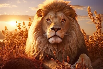 Majestic lion pride resting in african savannahs golden glow as sun sets behind horizon