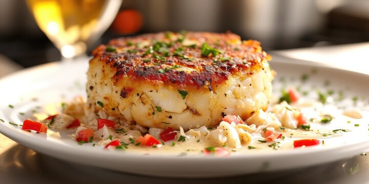 Crab Cake Brilliance: Culinary Coastal Charm. Dive into the Symphony of Lump Crab and Golden Crispy Exterior. Picture the Culinary Charm in a Coastal Kitchen with Soft Lighting