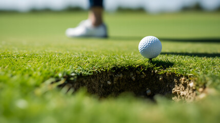 Une balle de golf en gros plan sur un terrain avec un joueur en arrière-plan.