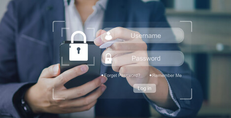 Concept of security data network, Prevent online identity theft, user and password login on visual...