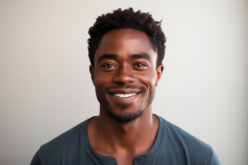 Portrait of a 30 year old African American man in casual dress smiling and looking at the camera. Isolated, white background. Generative AI