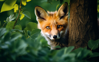curious fox peeking out from behind a tree, AI Generative.