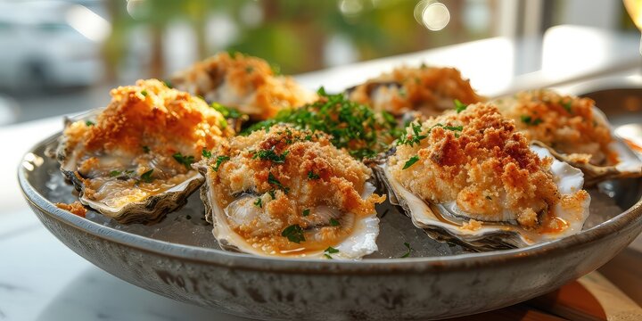 Golden Crispy Elegance: Fried Oysters Showcase Seafood Brilliance. Culinary Artistry in a Bite, an Oceanic Delight for the Senses. Picture the Seafood Brilliance in a Coastal Setting 