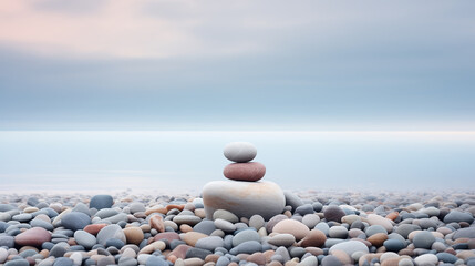 Fototapeta na wymiar Beautiful serene beach with smooth pebbles and a stone stack. Pebble cairn. Calm misty ocean fading into the distance. Beautiful, quiet seascape at sunrise. Peaceful meditative mood.