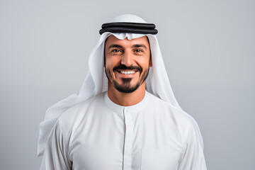 Portrait of an Arab man wearing keffiyeh, smiling and looking at the camera. White background, isolated. Generative AI.