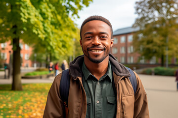 Portrait of a 30-year-old African-American man smiling and looking at the camera on a college campus.