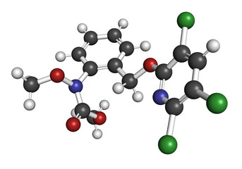 Triclopyricarb fungicide molecule. 3D rendering.