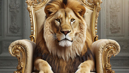 Fototapeta na wymiar Majestic Lion sitting on a golden Grand Edwardian Chair, close up of the animal while looking at the camera on a royal chair. Wild animals immersed in luxury...