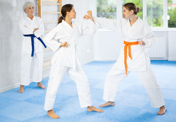 Two women are trained to perform basic defensive karate installations and attacking actions for combat techniques classes. Coach comments and corrects mistakes of students