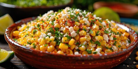 Street Corn Euphoria: Esquites Sensation. Immerse in Off-the-Cob Bliss, Corn Kernels Elevated with Spices, Cream, and Cheese. Picture the Esquites Sensation in a Colorful Street Setting 
