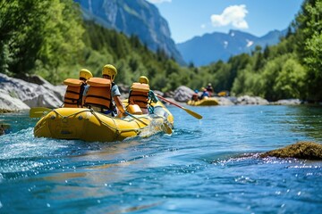 Rafting thrill! Adventurous souls navigate wild rivers in rubber boats. 'generative AI' 