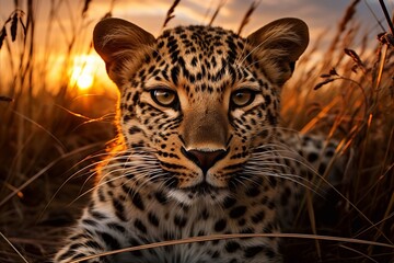 Captivating shot. majestic leopard roaming through the golden african savannah at enchanting sunset