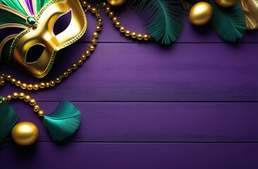 Mardi Gras. Gold Carnival Mask With Green And Purple Decorations Lying left On Purple Background, Top View Space For Text, copy space