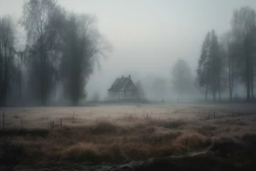 Foto op Plexiglas A foggy field with a house and trees. Generative AI © Melisende