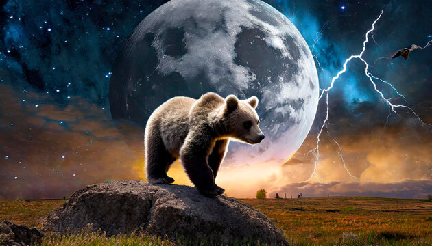 Illustration of a cute Brown Bear alone walking on the moon in a hostile environment. In the background the planet Earth with a starry sky. Life beyond the planet.